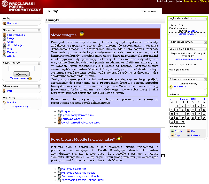 Strona kursu z blokami informacyjnymi